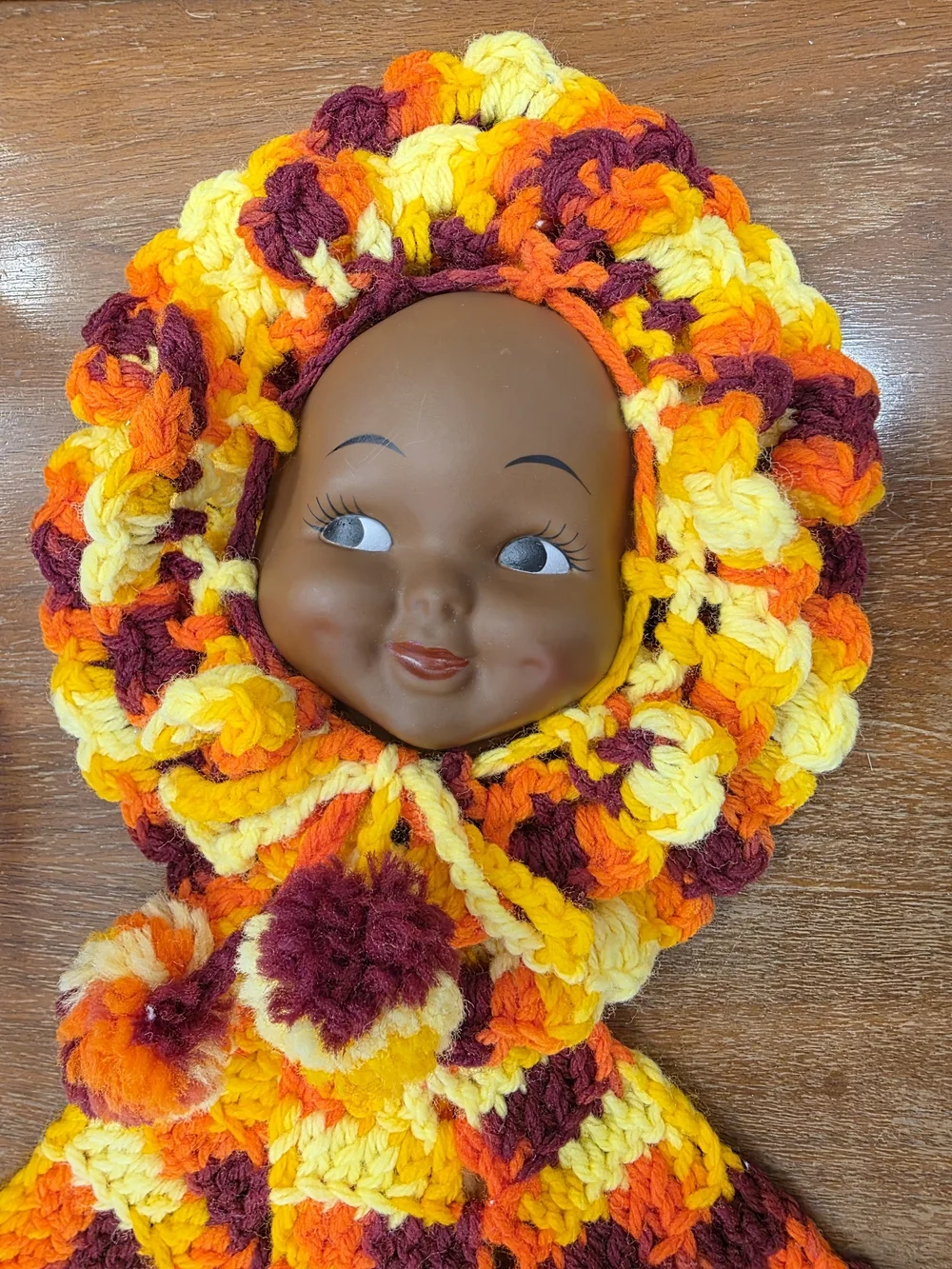 Handmade Crochet Doll Poncho & Bonnet Set in Yellow, Orange & Brown